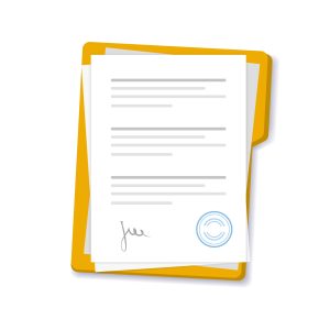 Documents and folder with stamp and text. Contract with approval and stamp. Stack of business papers. Agreements with signature.