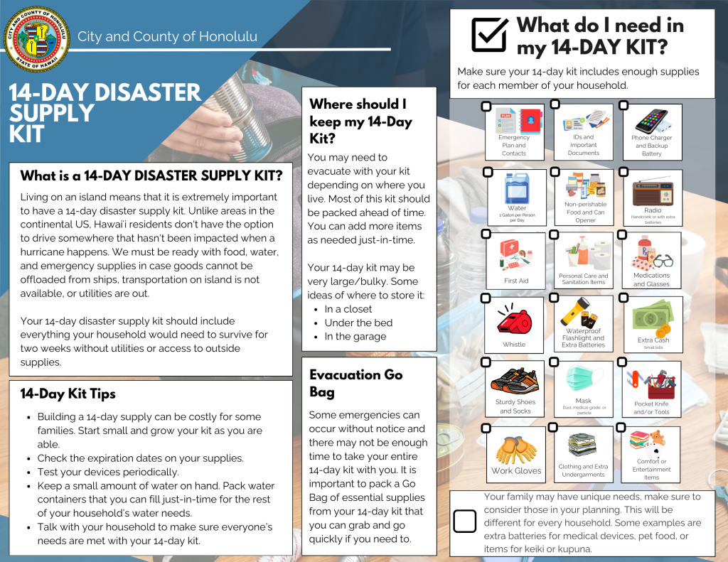 This is a graphic with information about 14-Day Disaster Supply Kits. Please contact DEM for a text version.