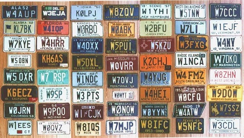 Image of license plates with amateur radio call signs.