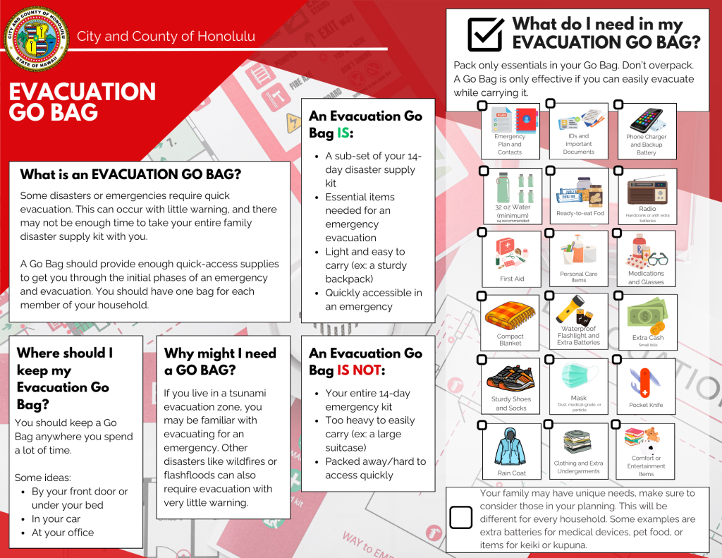 This in information about evacuation go bags. Contact DEM for a text version.