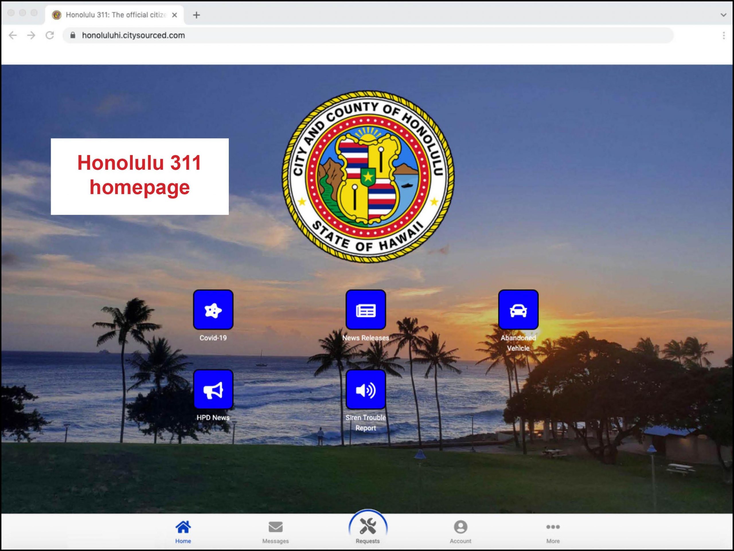 Screenshot of the Honolulu 311 homepage