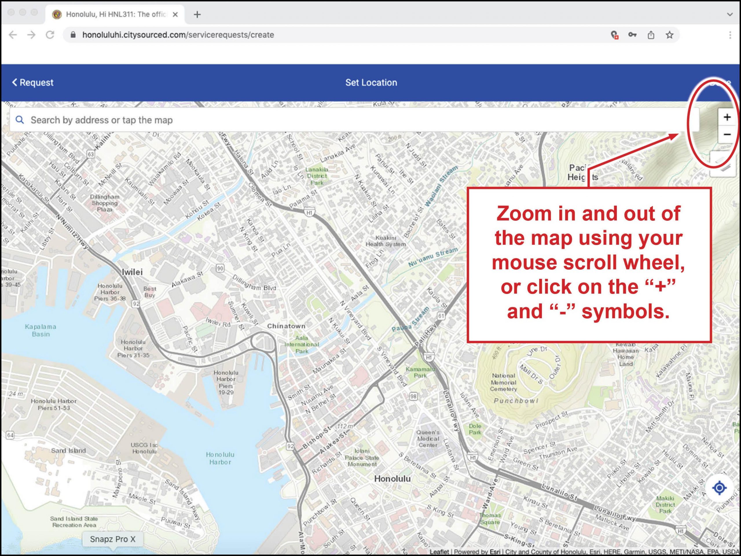 Zoom in and out of the map using your mouse scroll wheel, or click on the plus and minus symbols.
