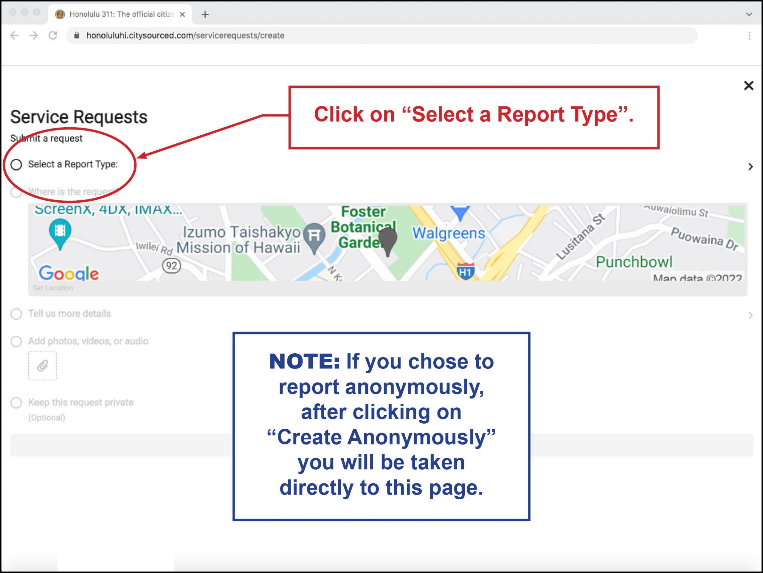 Click on "Select a Report Type". NOTE: If you choose to report anonymously, after clicking on "Create Anonymously" you will be taken directly to this page.
