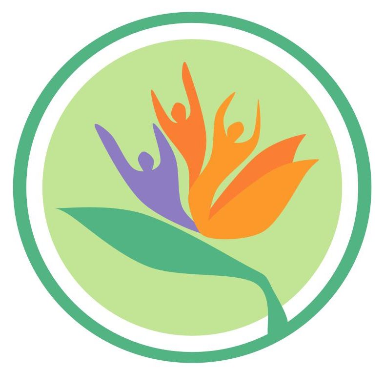 This round icon is a simple tri-color logo of the E Alu Pū Kākou initiative, which looks like a bird of paradise flower, but instead of purple and orange petals, they resemble people with their arms stretch up to the sky.