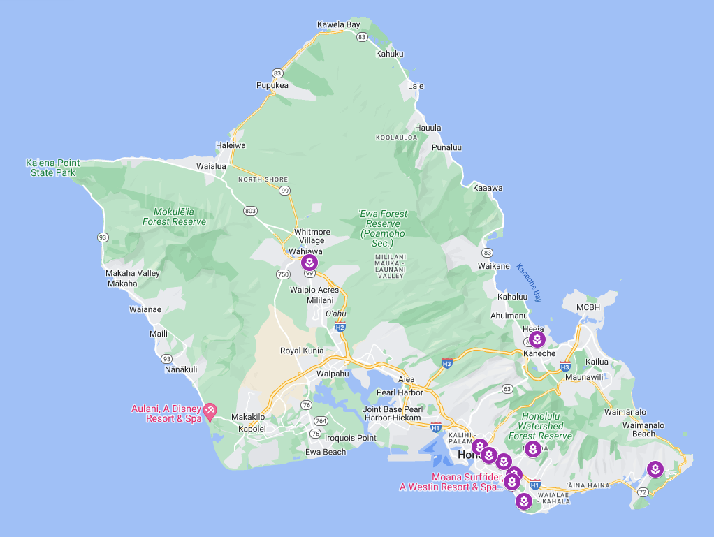 Map of Oahu with ten flower icons marking where City and County community gardens are located.