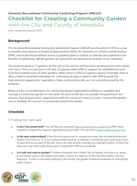 This thumbnail is a screenshot of the first page to the Checklist for Creating a Community Garden with the City and County of Honolulu. This thumbnail is clickable and takes you to the document.