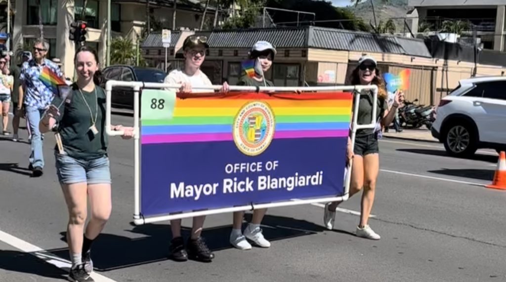 Mayor Blangiardi banner at the 2023 Honolulu Pride Parade