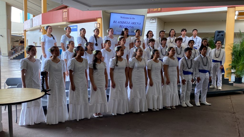 The Kamehameha Schools Concert Glee Club performs at the blessing of the Blaisdell Arena 