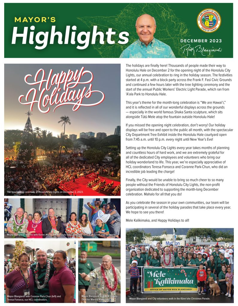 Screen capture showing the front page of the December 2023 Mayor's Highlights newsletter.