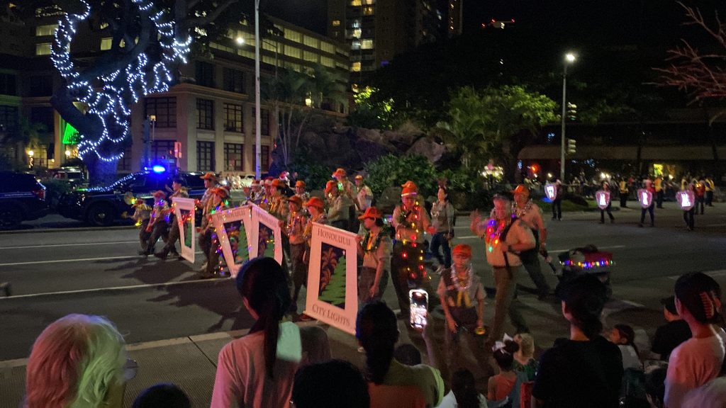 Marchers in the Public Worker's Electric Light Parade during Honolulu City Lights