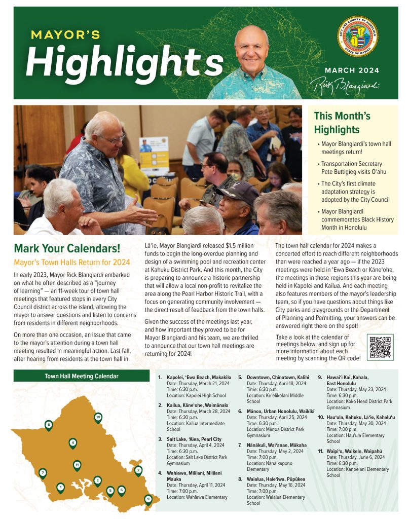 Photo showing the front page of the Mayor's Highlights newsletter for March 2024.